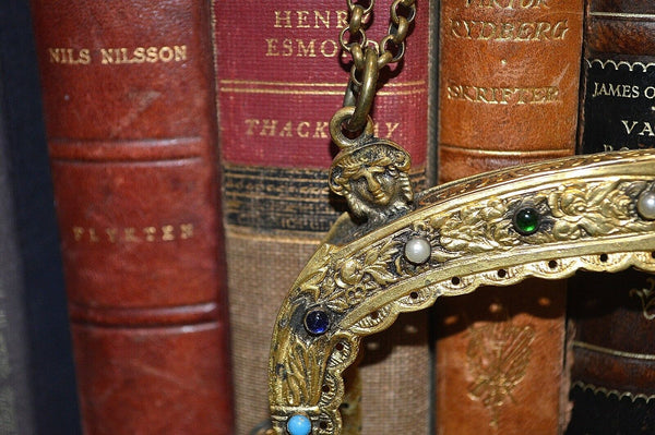 Antique French Gilt Brass Purse Frame Chain Jewel Cabochons Figural Cherub As Is