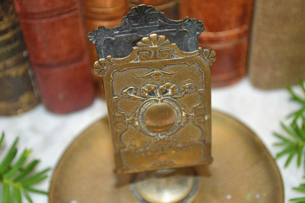 Antique French Gilt Brass Match Box Holder Tray Stand Bow Ribbon Medallion