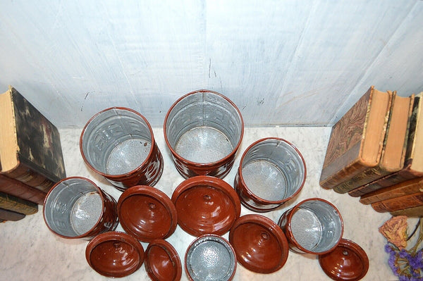 Vintage French Canister Set Red Enamel 6 Pieces Red White Black Enamelware