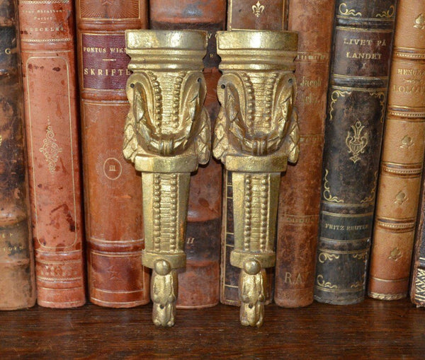 Antique Pair French Bronze Ormolu Pediments Beaded Swags Furniture Trim Mounts