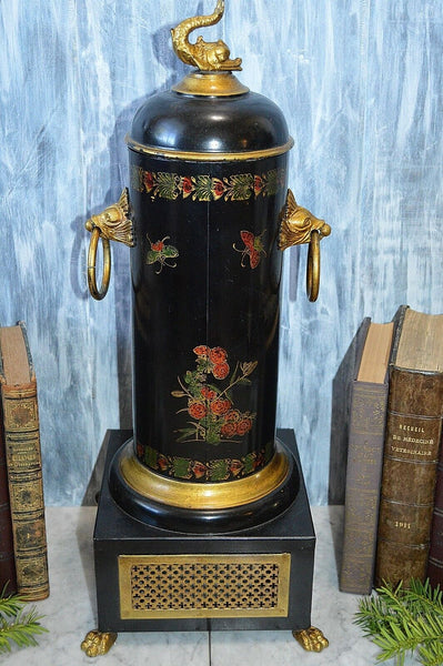 Vintage Faux Samovar Black Tole Chinoiserie Gilt Painted Dolphin Fish  Lion Paw