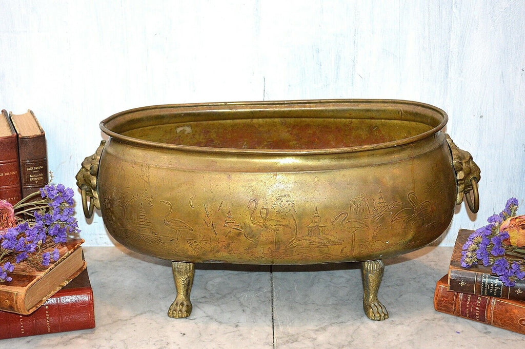 Antique Large Brass Jardiniere Planter Aesthetic Movement Lion Heads Paws