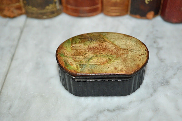 Antique Gutta Percha Small Lidded Box with Church Scene on the Lid