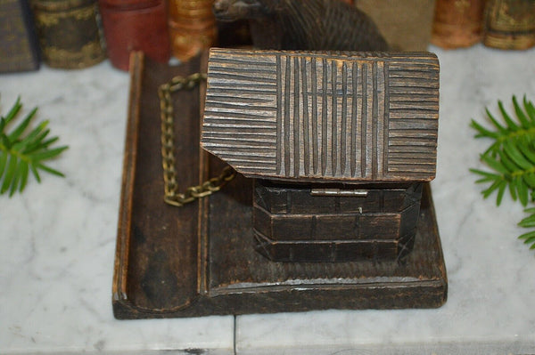 Antique German Black Forest Carved Wood Inkwell Dog and Dog House