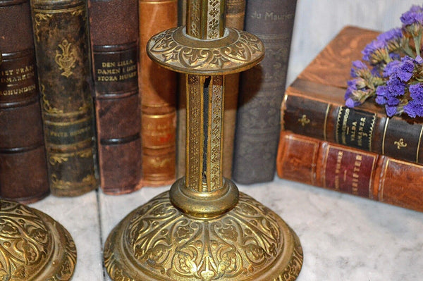 Antique Pair French Gilt Brass Altar Candles Religious Candlesticks