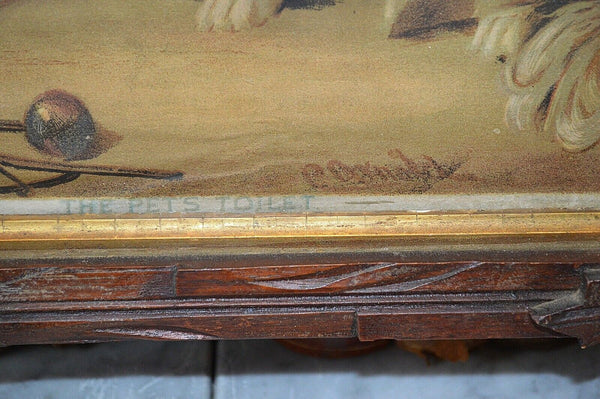 Antique Framed Art Lithograph Victorian Girl and Dog Black Forest Frame