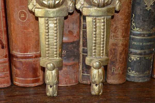 Antique Pair French Bronze Ormolu Pediments Beaded Swags Furniture Trim Mounts