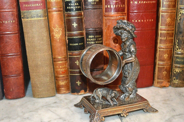 Antique Figural James Tufts Girl Dog Silverplate Napkin Ring Kate Greenaway 3306