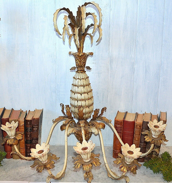 Antique Large Italian Tole Carved Wood Pineapple Candle Wall Sconce 5 Arm Gilded
