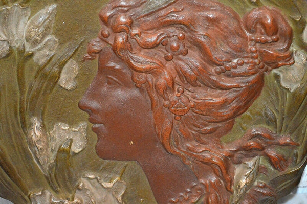Antique Ernst Wahliss Art Nouveau Female Terracotta Relief Plaque Turn Wein