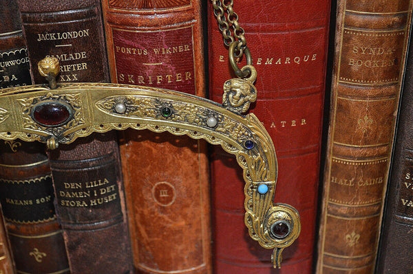 Antique French Gilt Brass Purse Frame Chain Jewel Cabochons Figural Cherub As Is