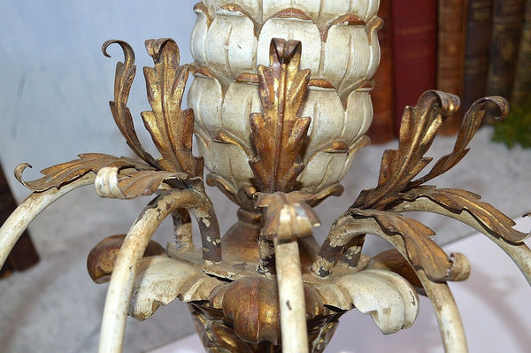 Antique Large Italian Tole Carved Wood Pineapple Candle Wall Sconce 5 Arm Gilded