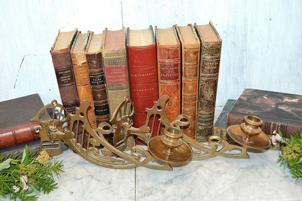 Antique Pair French Brass Art Nouveau Swinging Arm Piano Candle Holder Sconces