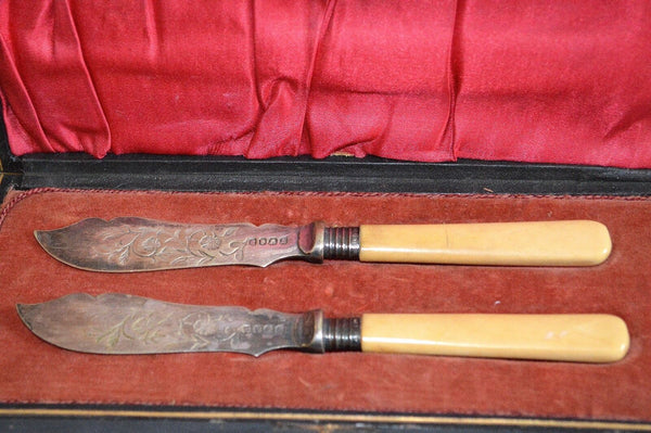 Antique English Victorian Silver Plate Fish Knives Cutlery Boxed Set Bone Handle