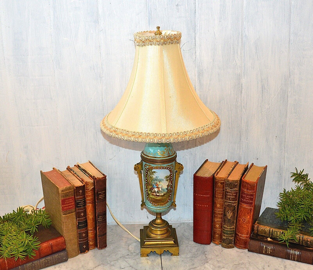 Antique French Turquoise Blue Porcelain Sevres Style Lamp Hunt Scene Couple