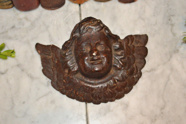 Antique German Dark Carved Wood Cherub Angel Head Baroque Plaque