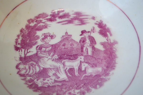 Antique Small English Staffordshire Bowl Pastoral Sheep Transferware Pink Lustre