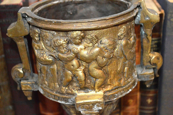 Antique French Bronze Heavy Pedestal Urn Handles Figural Cherubs Ram Relief