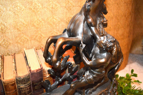 Antique Pair of French Marly Horses Spelter Porcelain Insets Guillaume Coustou