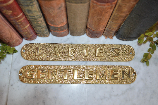 Vintage Pair Brass Ladies and Gentlemen Bathroom Signs Plaques Hardware
