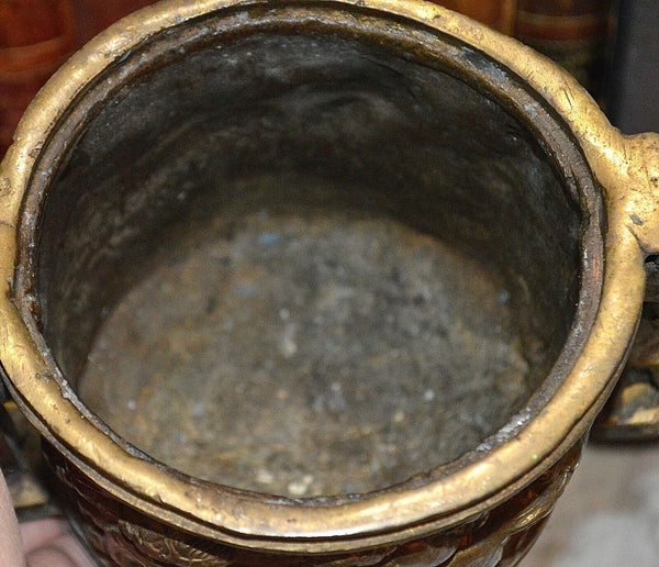 Antique French Bronze Heavy Pedestal Urn Handles Figural Cherubs Ram Relief