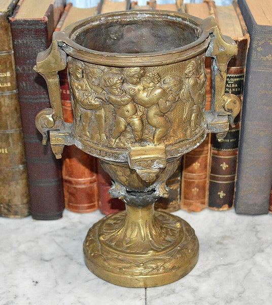 Antique French Bronze Heavy Pedestal Urn Handles Figural Cherubs Ram Relief