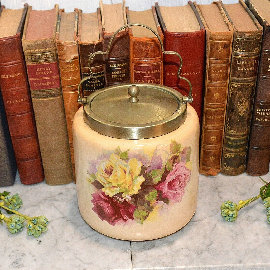 Antique English Biscuit Barrel Cookie Jar Blush With Yellow Pink and Red Roses