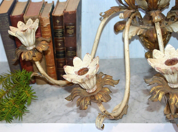 Antique Large Italian Tole Carved Wood Pineapple Candle Wall Sconce 5 Arm Gilded