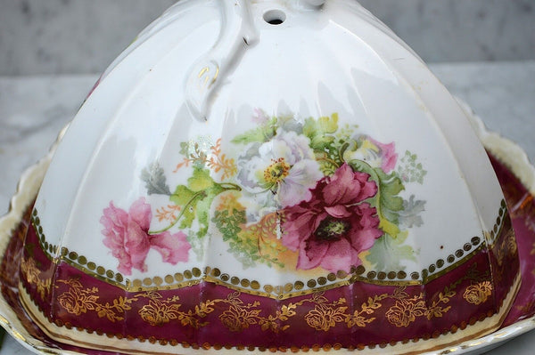 Antique German Cheese Dome Porcelain RW Bavaria Covered Platter Floral Transfer