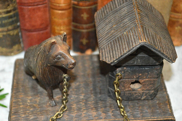 Antique German Black Forest Carved Wood Inkwell Dog and Dog House