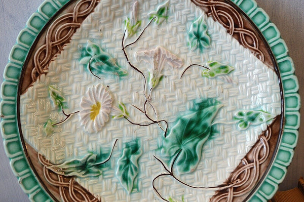 Antique Majolica Plate Morning Glory Napkin Green Brown 1880's