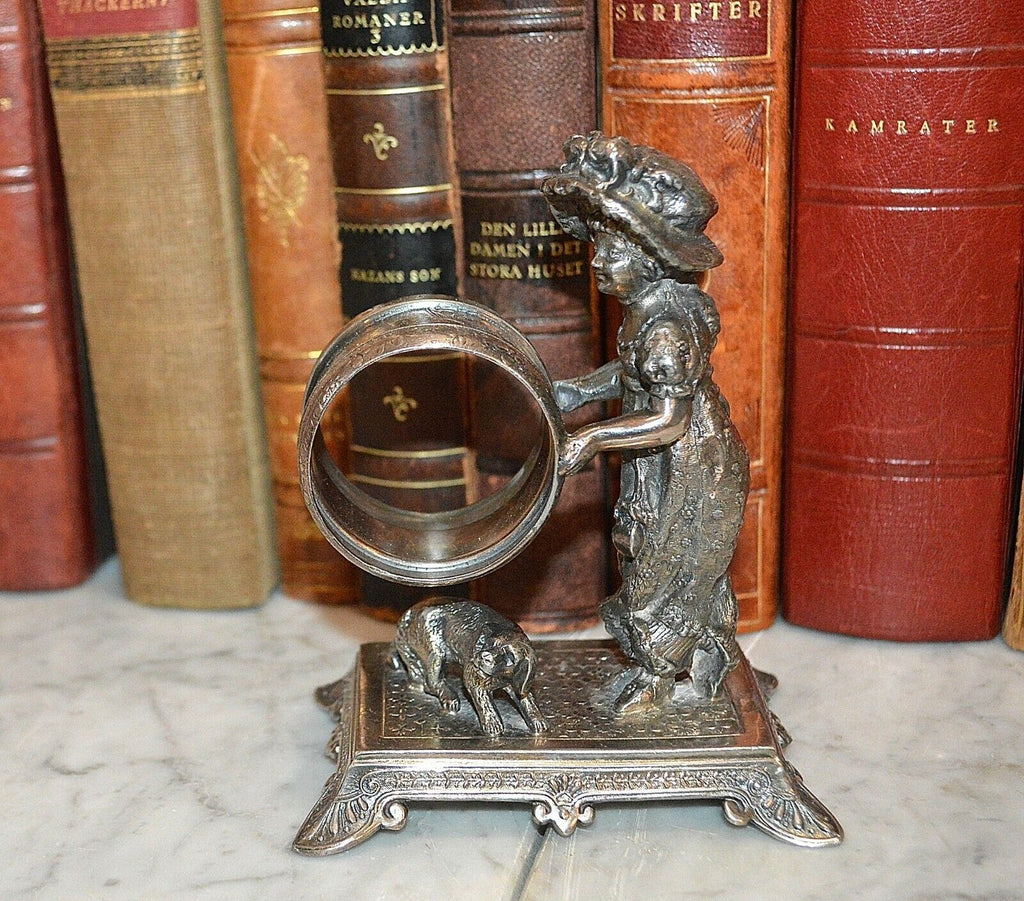 Antique Figural James Tufts Girl Dog Silverplate Napkin Ring Kate Greenaway 3306