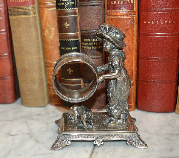 Antique Figural James Tufts Girl Dog Silverplate Napkin Ring Kate Greenaway 3306