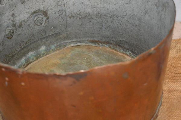Antique Huge Copper Iron Riveted Pot Pan Wrought Iron Range Dovetailed 17lbs 14"