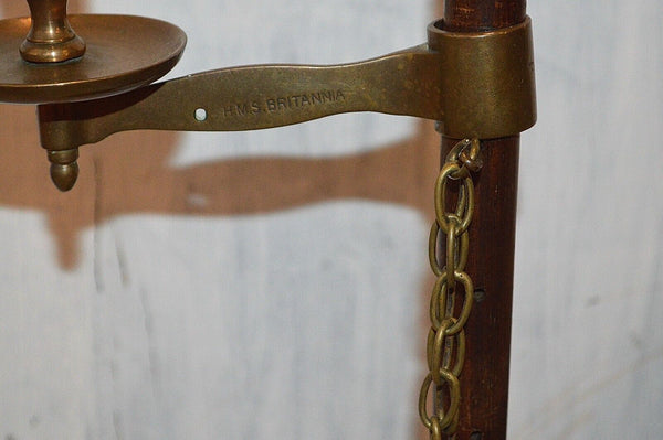 Antique HMS Britannia English Brass & Turned Wood Adjustable Candle Holder