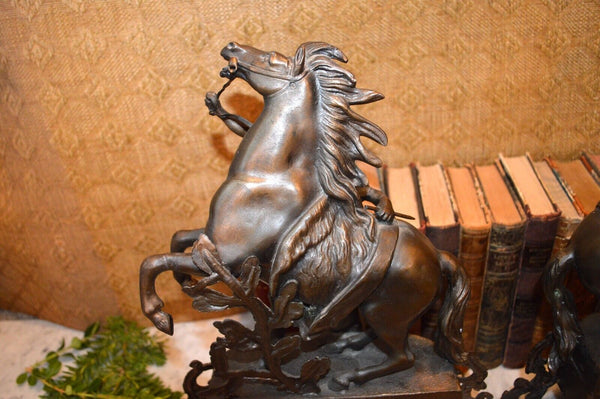 Antique Pair of French Marly Horses Spelter Porcelain Insets Guillaume Coustou