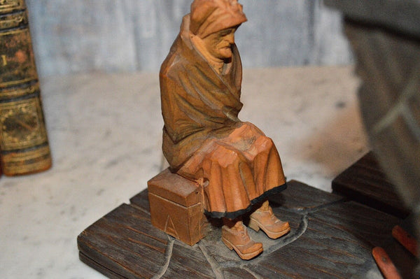Antique Pair Black Forest Bookends Carved Wood Fireplace Figural Male Female Dog