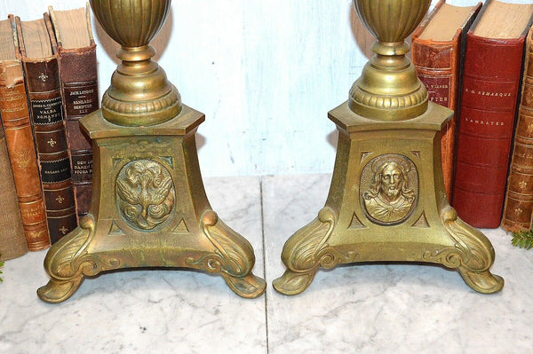 Antique Large French Pair Brass Altar Candle Holders Prickets 28" Jesus Dove