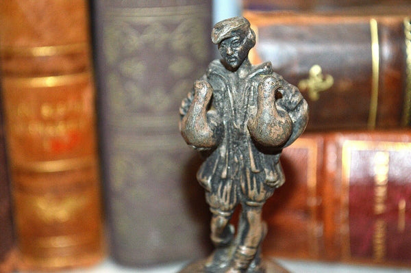 Antique French Silver Plated Bottle Stopper Figural Peasant Carrying Birds Geese