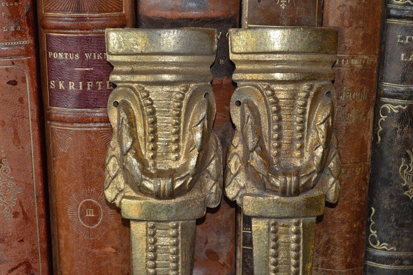 Antique Pair French Bronze Ormolu Pediments Beaded Swags Furniture Trim Mounts