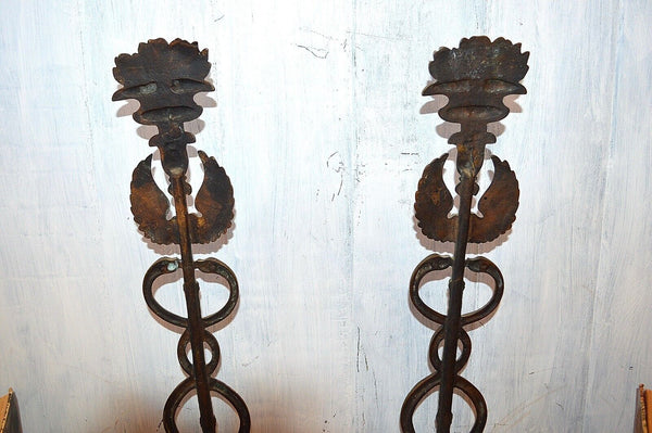 Antique Pair Caduceus Andirons Fireplace Accessory Medical Symbol Snakes Wings