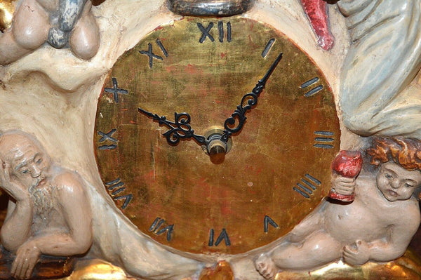 Rare Vintage German Wall Clock Carved Wood Gilt Father Time Cherubs