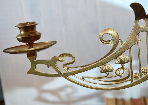 Antique Pair French Brass Art Nouveau Swinging Arm Piano Candle Holder Sconces