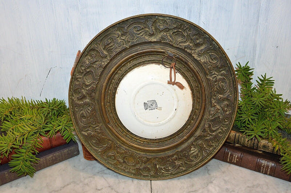 Antique French Handpainted House Plate Digoin Sarreguemines Repousse Brass Frame