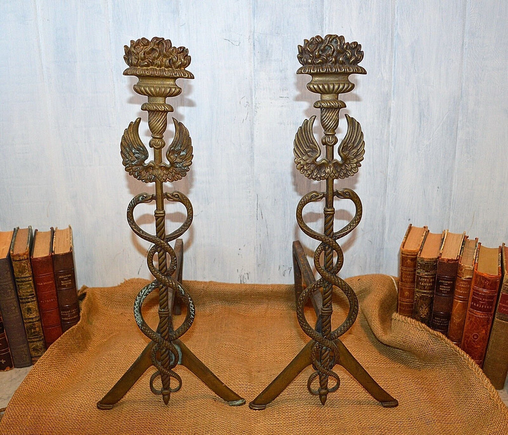 Antique Pair Caduceus Andirons Fireplace Accessory Medical Symbol Snakes Wings