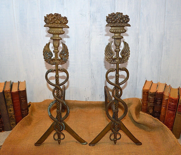 Antique Pair Caduceus Andirons Fireplace Accessory Medical Symbol Snakes Wings