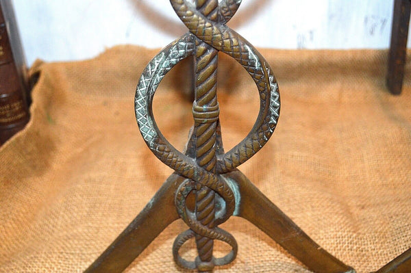 Antique Pair Caduceus Andirons Fireplace Accessory Medical Symbol Snakes Wings