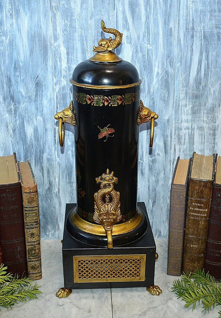 Vintage Faux Samovar Black Tole Chinoiserie Gilt Painted Dolphin Fish  Lion Paw