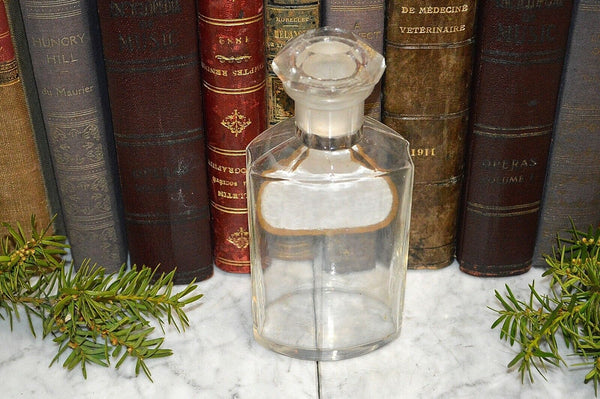 Antique French Apothecary Faceted Glass Bottle Stopper Painted Label Camphorat