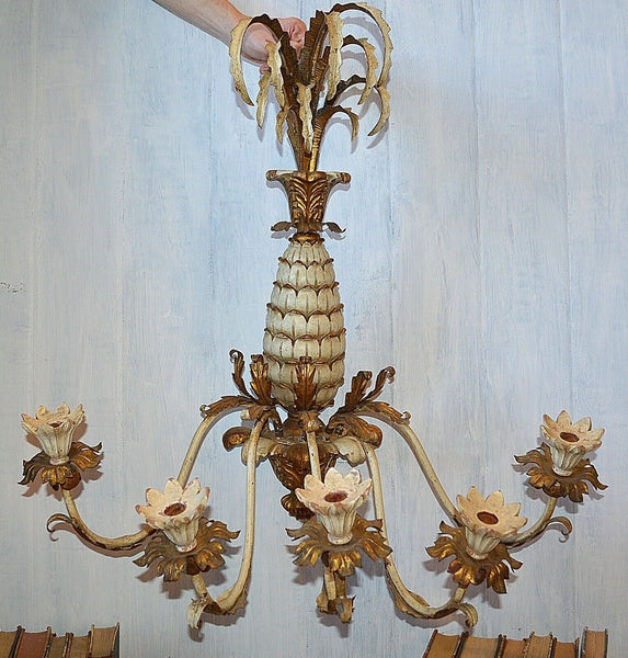 Antique Large Italian Tole Carved Wood Pineapple Candle Wall Sconce 5 Arm Gilded